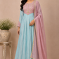 Rose Aqua Blossom Mull Chanderi Embroidered Anarkali Suit Set (RT1336)