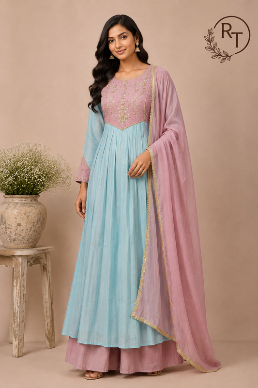 Rose Aqua Blossom Mull Chanderi Embroidered Anarkali Suit Set (RT1336)