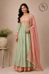 Mint Peach Floral Grace Mull Chanderi Embroidered Anarkali Suit Set (RT1338)