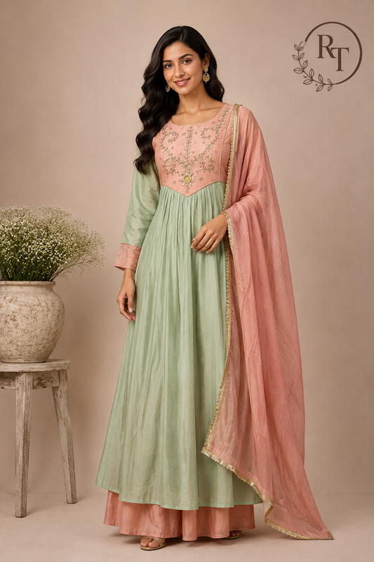 Mint Peach Floral Grace Mull Chanderi Embroidered Anarkali Suit Set (RT1338)