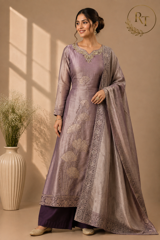 Lavender Purple Floral Embroidered Giraff Suit Set (RT1345)