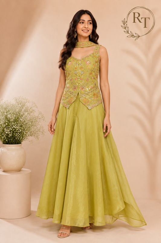 Lime Green Floral Embroidered Salsa Sharara Dress Set (RT1355)