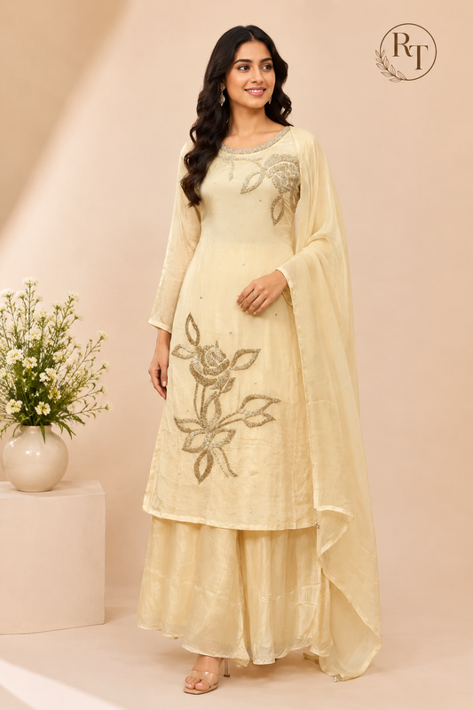 Soft Ivory Floral Embroidered Chinon Sharara Suit Set (RT1354)