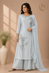 Ice Blue Floral Embroidered Chinon Sharara Suit Set (RT1353)