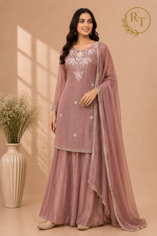 Dusty Mauve Floral Charm Embroidered Palazzo Suit Set (RT1359)