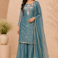 Teal Blue Floral Grace Embroidered Palazzo Suit Set (RT1358)