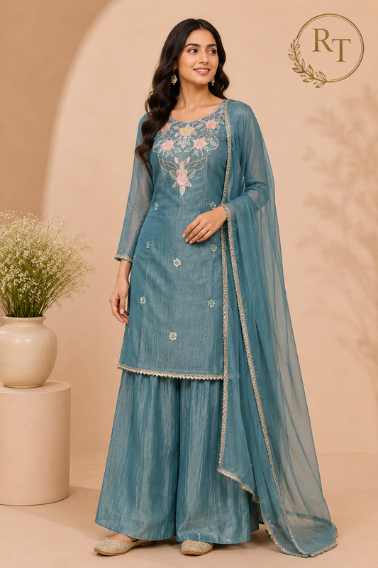 Teal Blue Floral Grace Embroidered Palazzo Suit Set (RT1358)