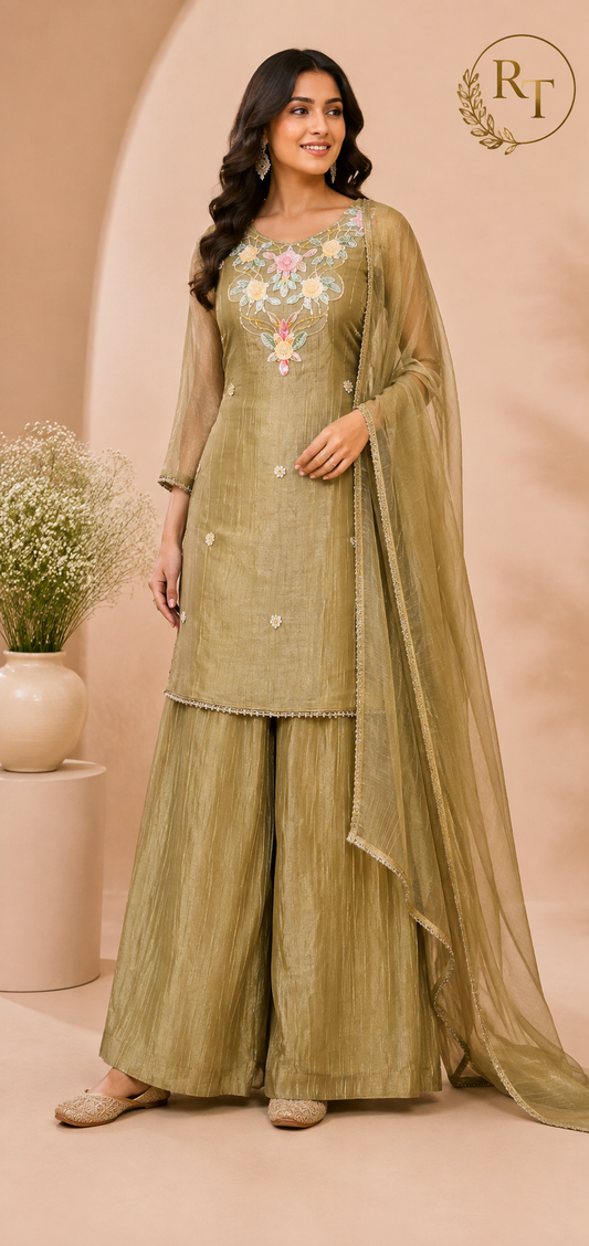 Olive Gold Floral Elegance Embroidered Palazzo Suit Set (RT1357)