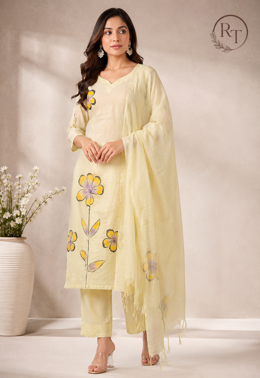 Soft Yellow Floral Mull Chanderi Suit Set (RT1364)