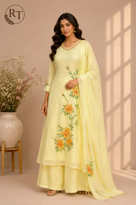 Marigold Grace Premium Mull Chanderi Embroidered Suit Set (RT1377)
