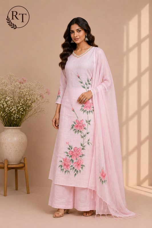 Blush Floral Premium Mull Chanderi Embroidered Suit Set (RT1376)