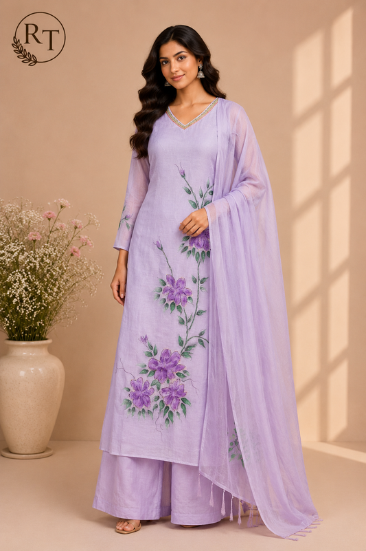 Lilac Butterfly Premium Mull Chanderi Embroidered Suit Set (RT1375)
