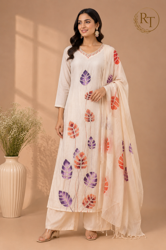 Ivory Leaf Garden Mull Chanderi Suit Set (RT1379)