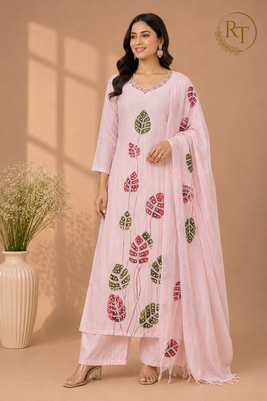 Blush Bloom Mull Chanderi Suit Set (RT1378)