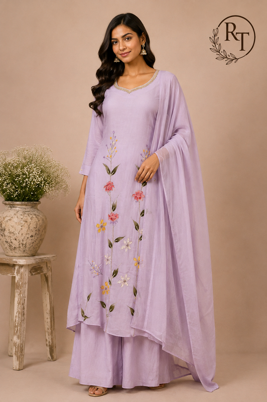 Lavender Floral Elegance Mull Chanderi Embroidered Suit Set (RT1386)