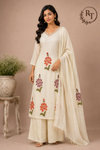 Ivory Blossom Embroidered Mull Chanderi Suit Set (RT1387)