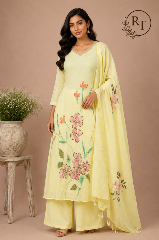 Lime Blossom Floral Embroidered Mull Chanderi Suit Set (RT1390)