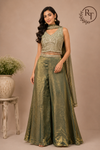 Olive Gold Russian Silk Embellished Crop Top Sharara Set (RT1384)