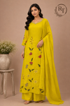 Lime Yellow Floral Grace Mull Chanderi Embroidered A-Line Suit Set (RT1395)