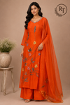 Orange Blossom Mull Chanderi Embroidered A-Line Suit Set (RT1394)