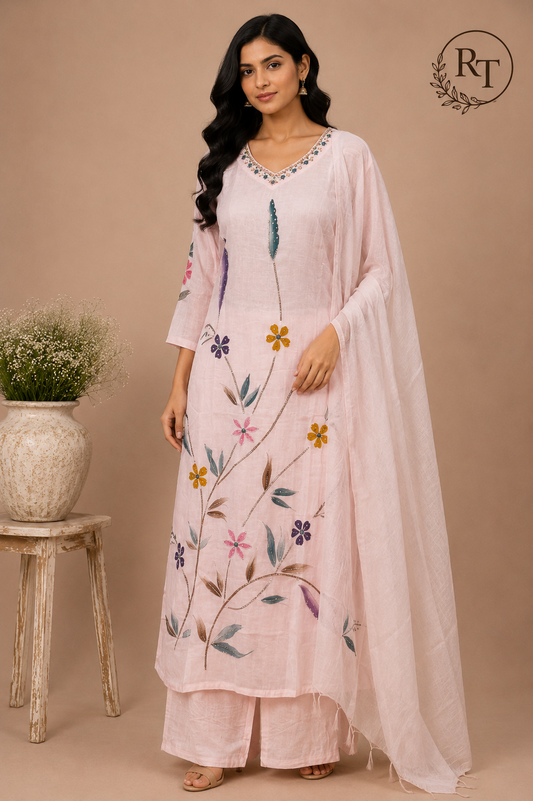 Soft Lavender Pink Floral Muse Mull Chanderi Embroidered A-Line Suit Set (RT1396)