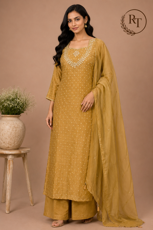 Mustard Glow Salsa Embroidered Straight Suit Set (RT1407)