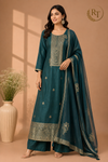Teal Blue Embroidered Chanderi Tissue Silk 3-Piece Straight Cut Set (RT1402)