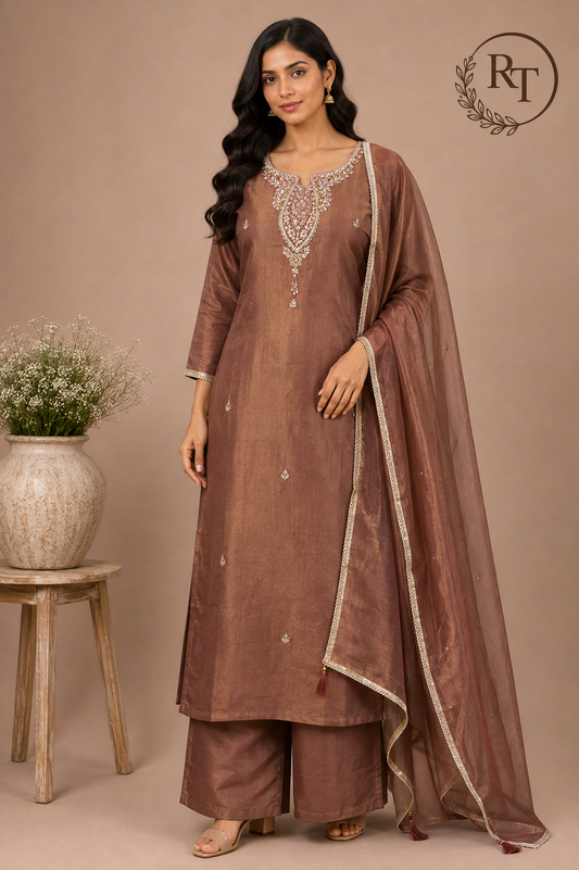Mocha Elegance Imported Fabric Embroidered Straight Suit Set (RT1405)