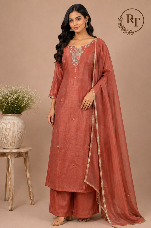 Terracotta Rose Imported Fabric Embroidered Straight Suit Set (RT1404)