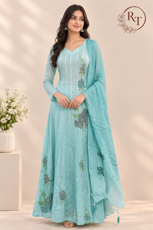 Aqua Bloom Premium Organza Embroidered Suit Set (RT1415)