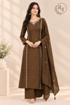 Coffee Brown Charm Mull Chanderi Embroidered A-Line Suit Set (RT1412)