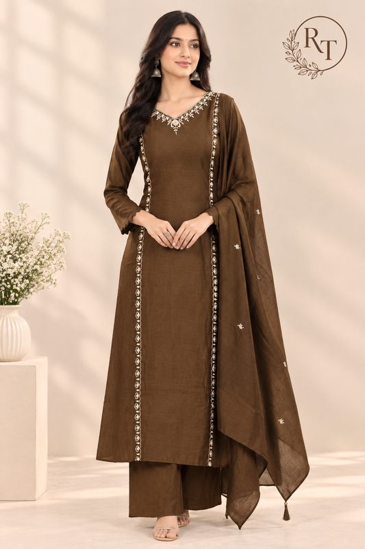 Coffee Brown Charm Mull Chanderi Embroidered A-Line Suit Set (RT1412)