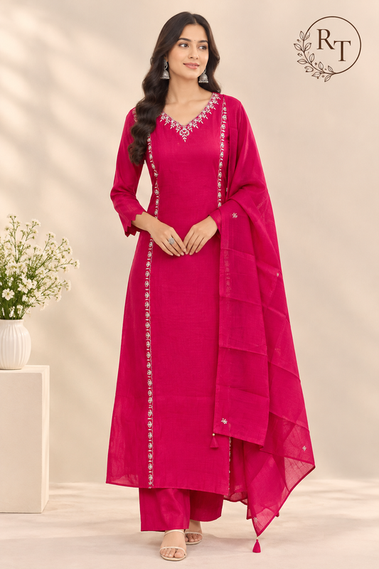 Rani Pink Grace Mull Chanderi Embroidered A-Line Suit Set (RT1414)