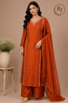 Rust Orange Elegance Mull Chanderi Embroidered A-Line Suit Set (RT1413)