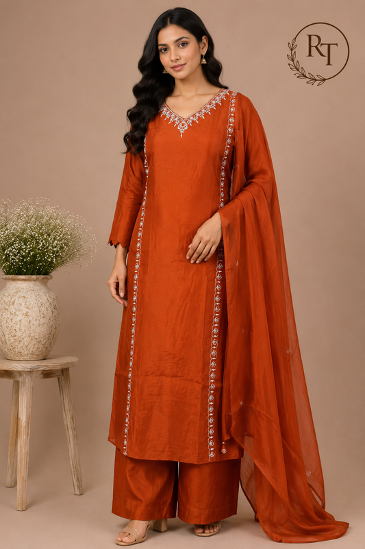 Rust Orange Elegance Mull Chanderi Embroidered A-Line Suit Set (RT1413)