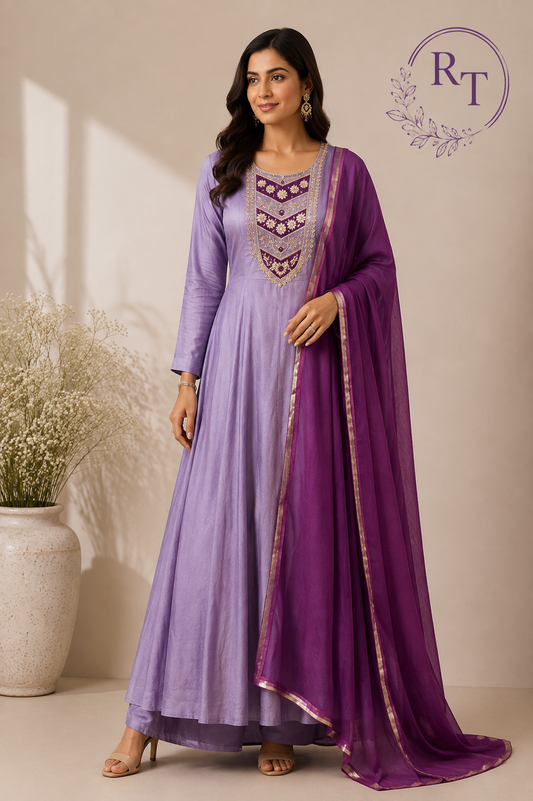 Lavender & Plum Embroidered Mull Chanderi Anarkali Set (RT1258)