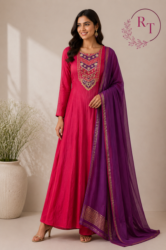 Fuchsia Pink & Royal Purple Embroidered Mull Chanderi Anarkali Set (RT1257)