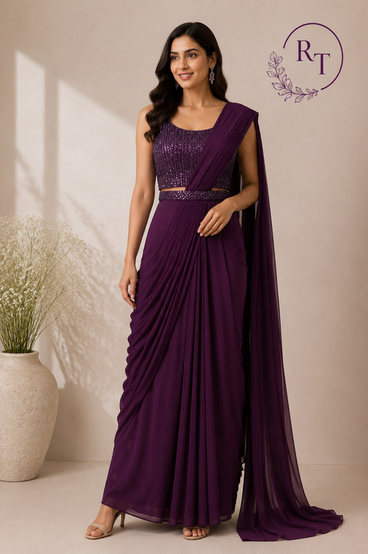 Royal Plum Sequin Silk One Minute Saree (RT1261)