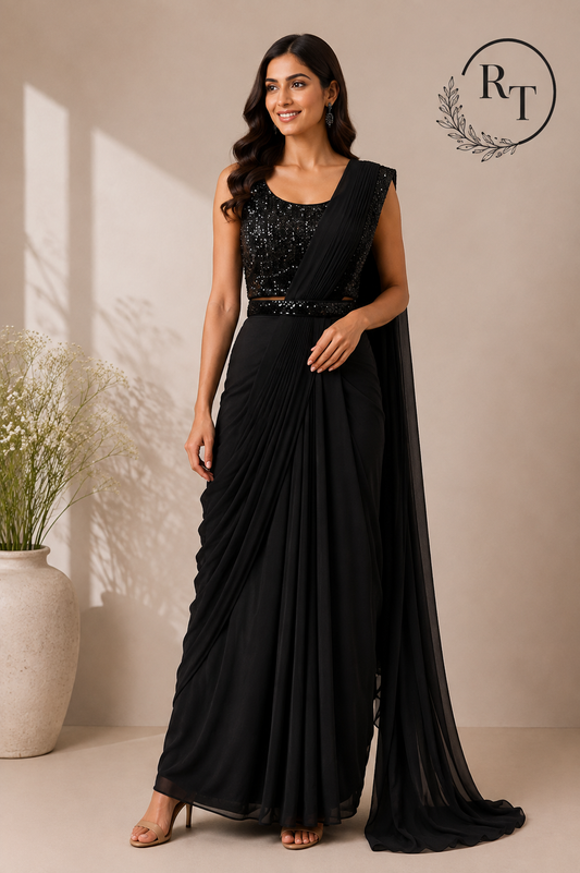 Classic Black Sequin Silk One Minute Saree (RT1260)