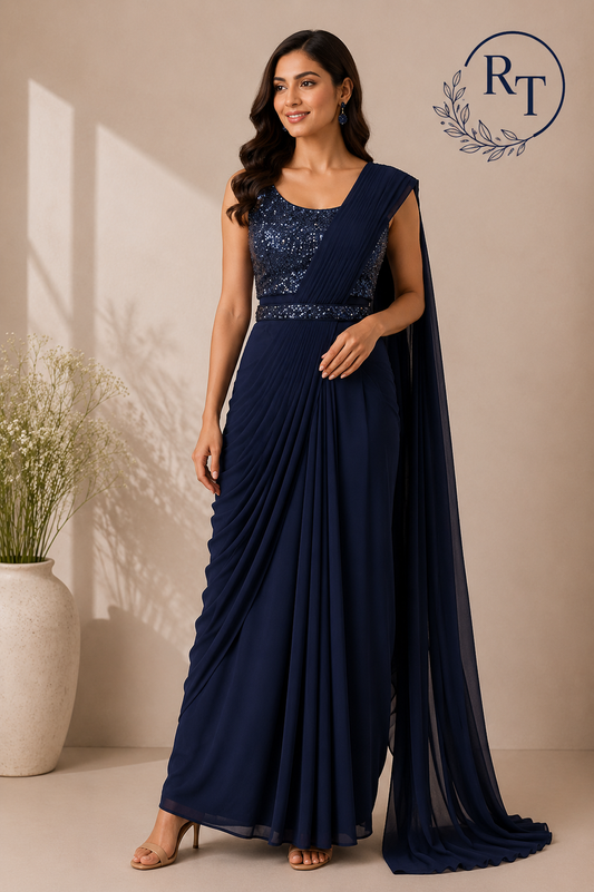 Midnight Navy Sequin Silk One Minute Saree (RT1259)