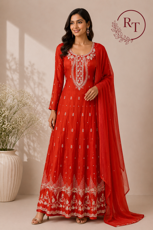 Vibrant Orange Chinon Embroidered Anarkali (RT1273)