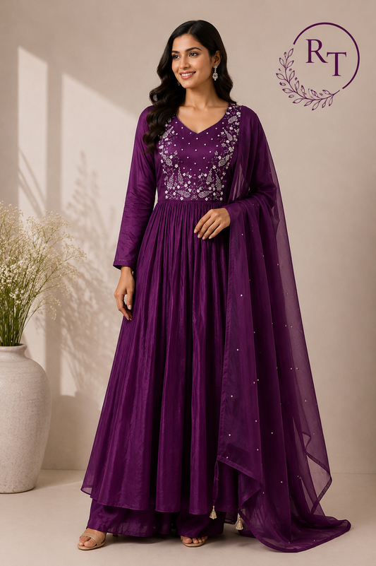Royal Purple Embroidered Mull Chanderi Suit Set (RT1272)