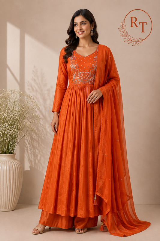 Sunset Orange Embroidered Mull Chanderi Suit Set (RT1271)