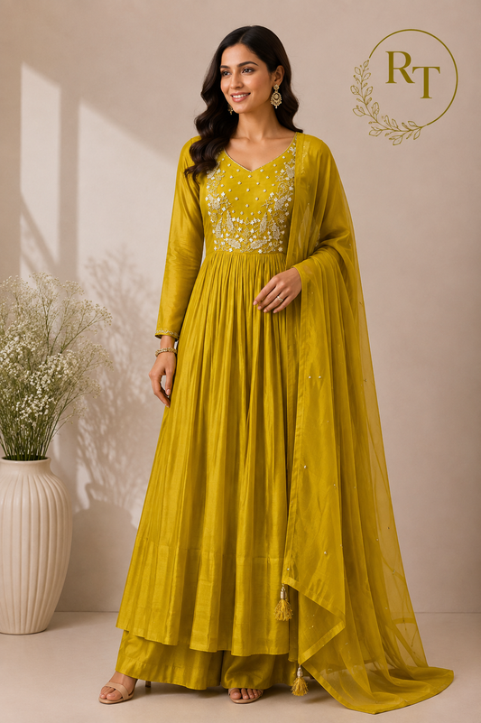 Mustard Bloom Embroidered Mull Chanderi Suit Set (RT1270)