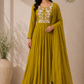 Olive Mustard Floral Embroidered Mull Chanderi Anarkali Set (RT1267)