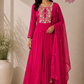 Rani Pink Floral Embroidered Mull Chanderi Anarkali Set (RT1269)