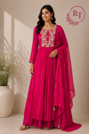 Rani Pink Floral Embroidered Mull Chanderi Anarkali Set (RT1269)