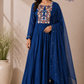 Royal Blue Floral Embroidered Mull Chanderi Anarkali Set (RT1268)