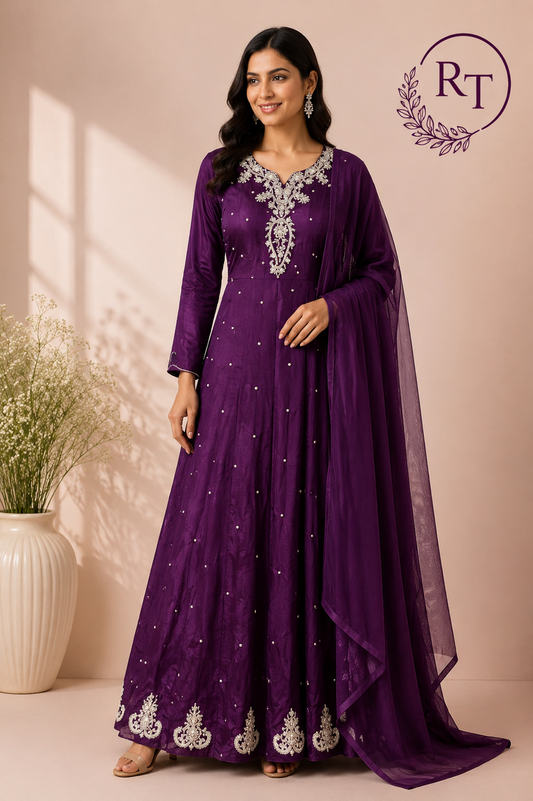 Wine Chinon Embroidered Anarkali Suit Set (RT1274)