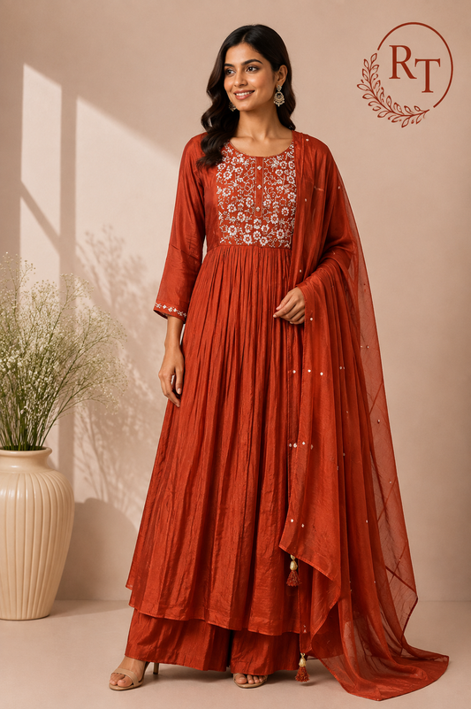 Rust Orange Mull Chanderi A-Line Suit Set (RT1275)